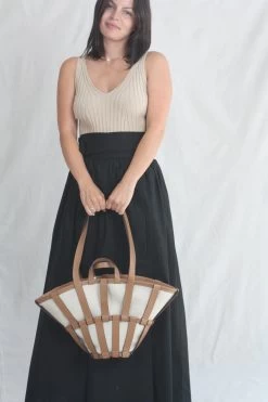 Encant Caged Leather And Canvas Tote Ivory Tan