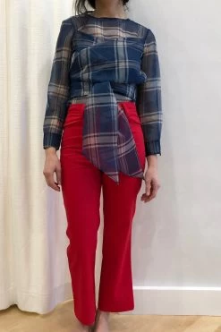 Kelly Wrap Top Blue/White Plaid Organza