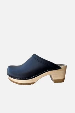 Old School Clog On Mid Heel Indigo With Brown Base